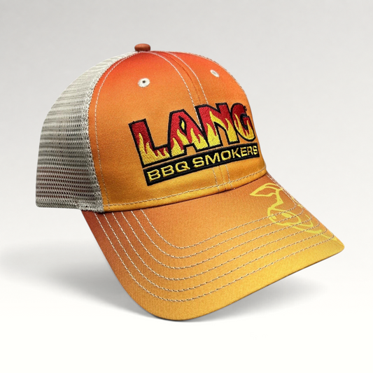 Raree Finds Lang BBQ Smokers trucker hat in orange and tan with an embroidered flame logo and mesh back panels.