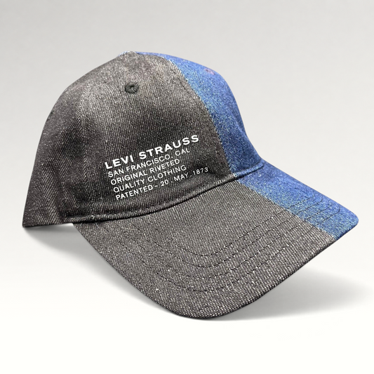 Raree Finds Levi’s Strauss two-tone black and indigo denim strapback hat with heritage logo print and curved brim.