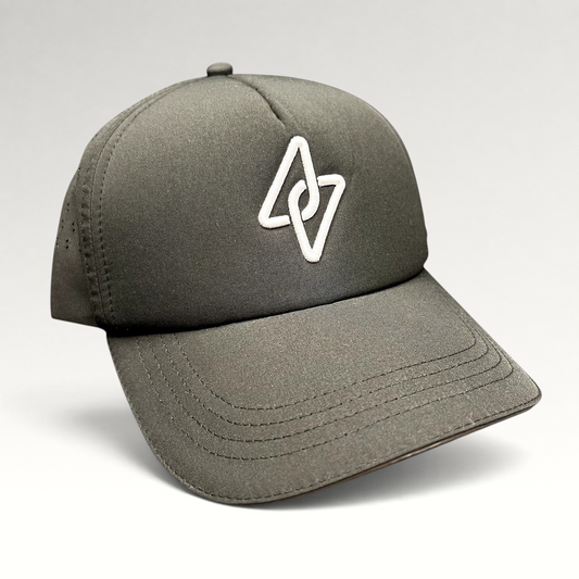 Raree Finds LGCY black performance strapback hat with a raised white embroidered logo and laser-perforated side panels.