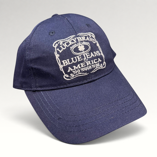 Raree Finds navy cotton twill Lucky Brand snapback hat with white embroidered heritage logo on the front