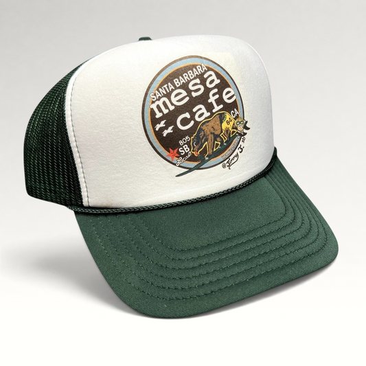 Raree Finds Mesa Cafe Santa Barbara trucker snapback hat with white foam front, green mesh back, and bear logo graphic.