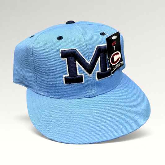 Raree Finds vintage Michigan Wolverines fitted hat in light blue with navy raised embroidered M logo and size tag.