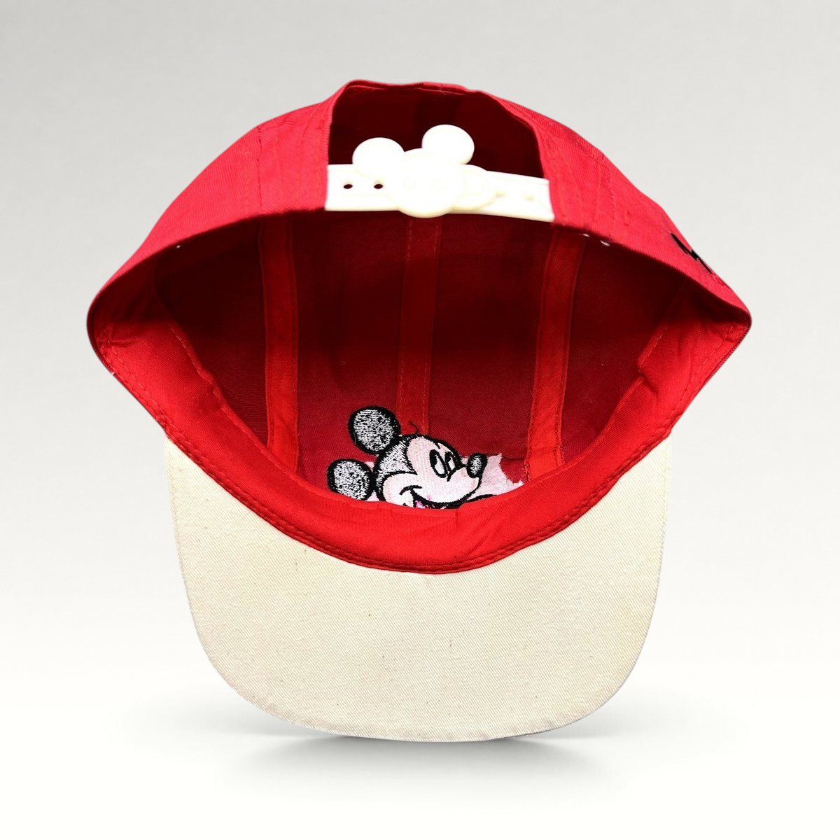 Raree Finds Disney Mickey Mouse youth snapback hat in red and white with an adjustable Mickey-head snap closure