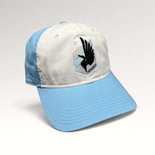 Raree Finds Minnesota United FC New Era 9TWENTY strapback hat with white front panel and light blue crown and visor.