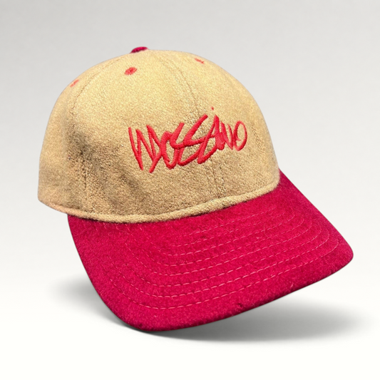 Raree Finds vintage Mossimo wool snapback hat in camel and red with embroidered script logo