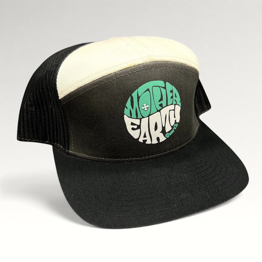 Raree Finds Mother Earth Brew Co Richardson trucker hat with black and cream panels, mesh back, and teal logo graphic.