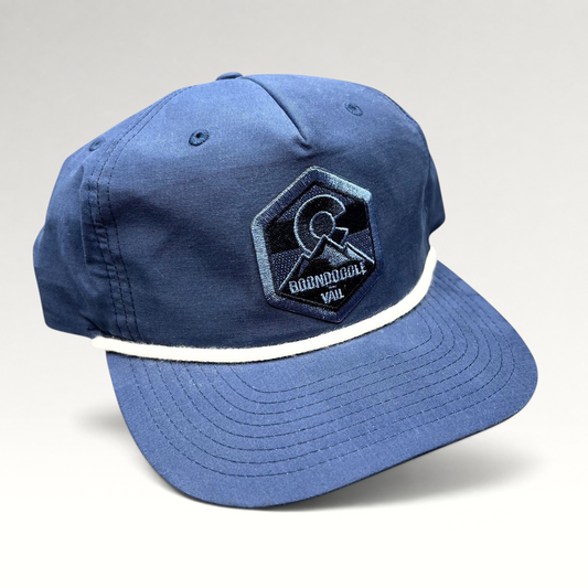 Raree Finds navy Boondoggle Vail snapback hat with white rope detail and Colorado mountain logo patch
