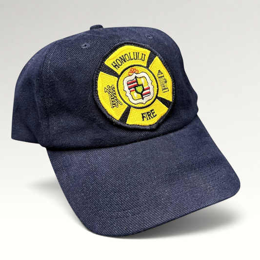 Raree Finds vintage navy blue cotton strapback hat with an embroidered Honolulu Fire Department maltese cross patch.