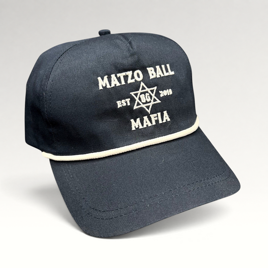 Raree Finds navy blue snapback rope hat with white Matzo Ball Mafia embroidery and Star of David detail