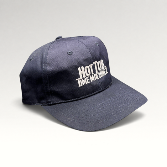 Raree Finds navy blue Hot Tub Time Machine 2 promotional movie cap with white embroidered logo and Velcro strapback