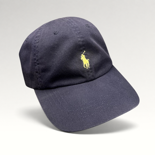 Raree Finds navy cotton chino baseball cap by Polo Ralph Lauren featuring a yellow embroidered pony logo