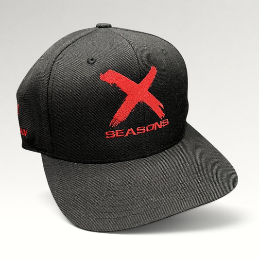 Raree Finds black snapback hat with red X Seasons embroidery commemorating the NCIS Los Angeles TV show