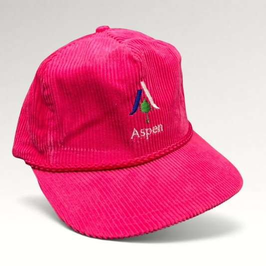 Raree Finds vintage neon pink corduroy rope snapback hat with Aspen Colorado mountain embroidery