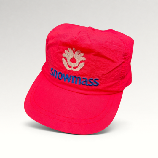 Raree Finds vintage 80s neon pink nylon Snowmass ski hat with white tree logo and blue embroidery