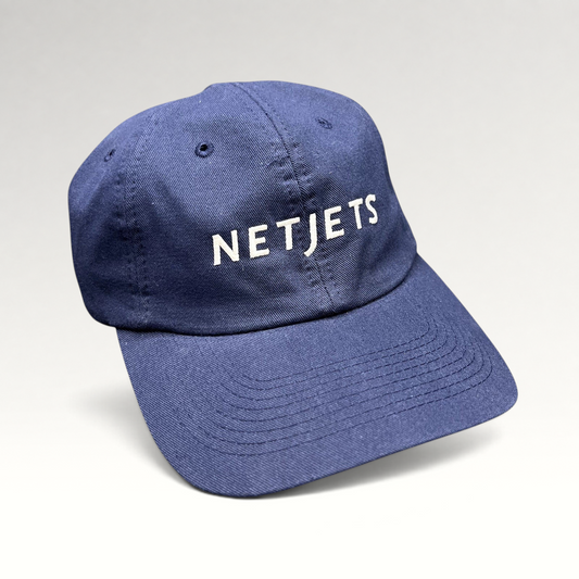 Raree Finds navy blue cotton NetJets strapback hat with white embroidered logo and adjustable leather strap