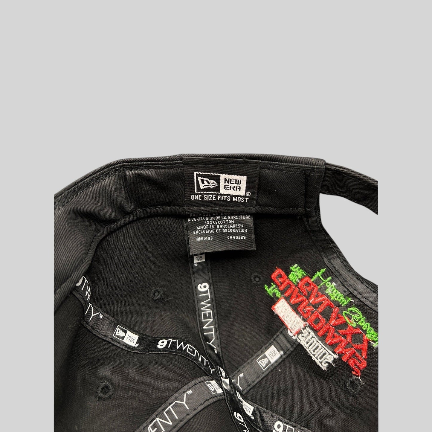Raree Finds New Era 9TWENTY cap interior showing branded taping and Guardians of the Galaxy Holiday Special embroidery