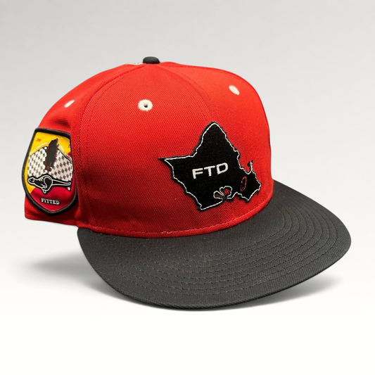 Raree Finds New Era Hawaii King of Tantalus snapback hat in red and black with FTD map embroidery and side patch.