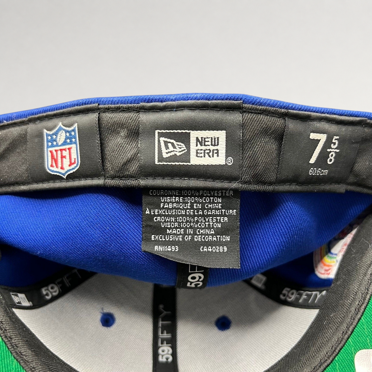 Raree Finds New Era 59FIFTY New England Patriots hat interior label showing size 7 5/8 and official NFL branding
