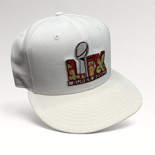 Raree Finds New Era Super Bowl LIX white 9FIFTY snapback hat with colorful embroidered trophy logo and flat bill