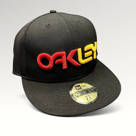 Raree Finds black Oakley New Era 59FIFTY fitted hat with a raised red and yellow 3D embroidered logo and flat bill.