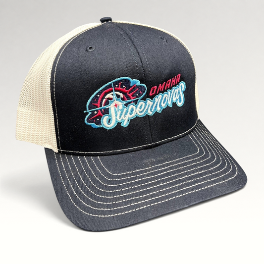 Raree Finds Omaha Supernovas Richardson 112 navy and white trucker hat with teal and pink embroidered logo