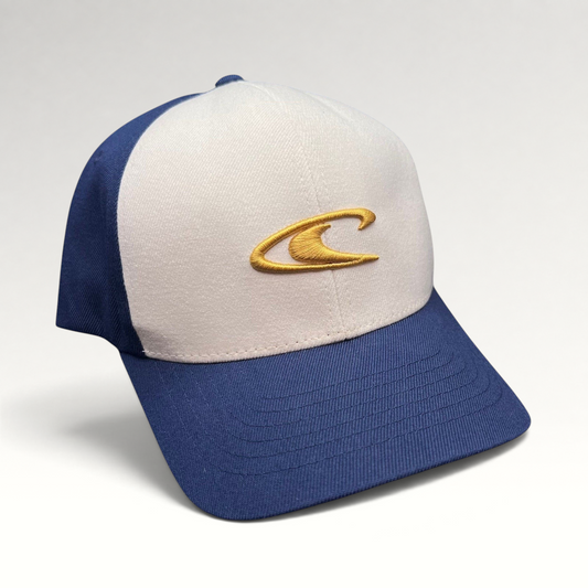 Raree Finds vintage O’Neill Flexfit surf cap with a white front panel, navy bill, and gold embroidered wave logo.