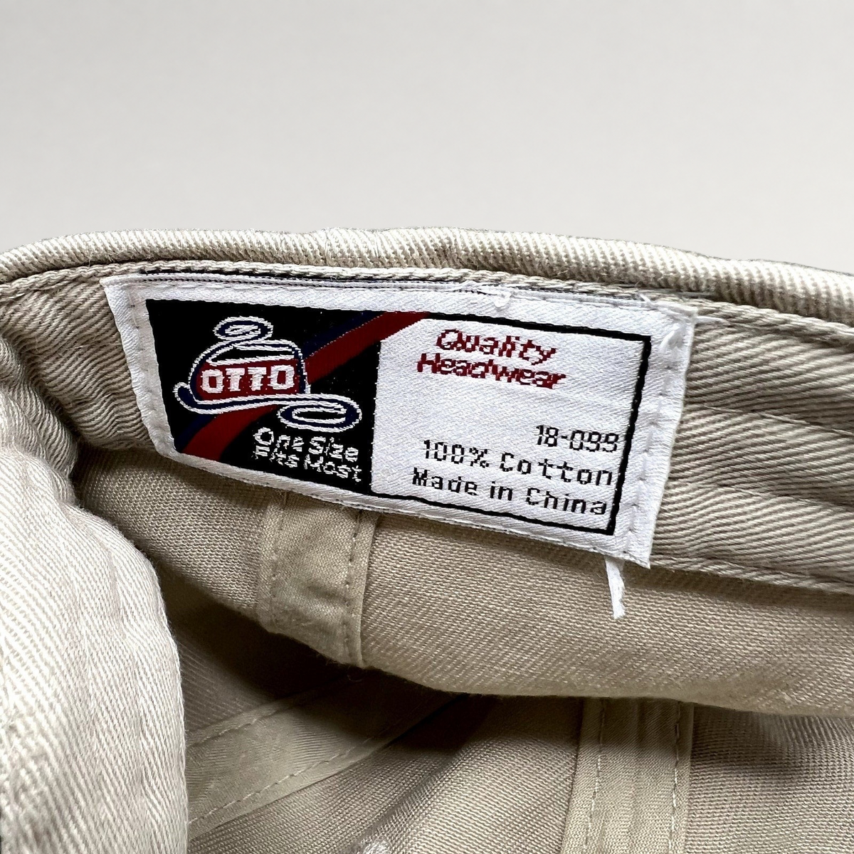Raree Finds vintage OTTO cap interior label showing 100 percent cotton construction and quality headwear branding