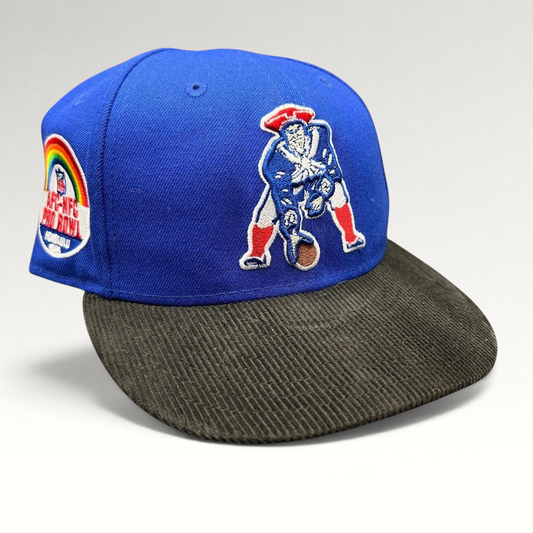 Raree Finds New England Patriots 59FIFTY fitted hat with royal blue crown, black corduroy brim, and Pro Bowl patch.