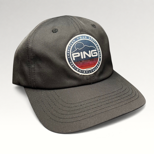 Raree Finds PING black golf strapback hat with circular mountain patch logo and SensorCool moisture-wicking fabric.