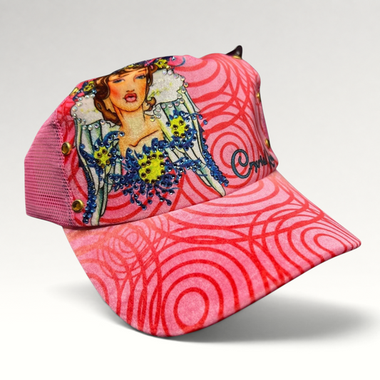 Raree Finds pink Crystal Rock by Christian Audigier trucker hat with Y2K graphic, rhinestones, and stud accents.