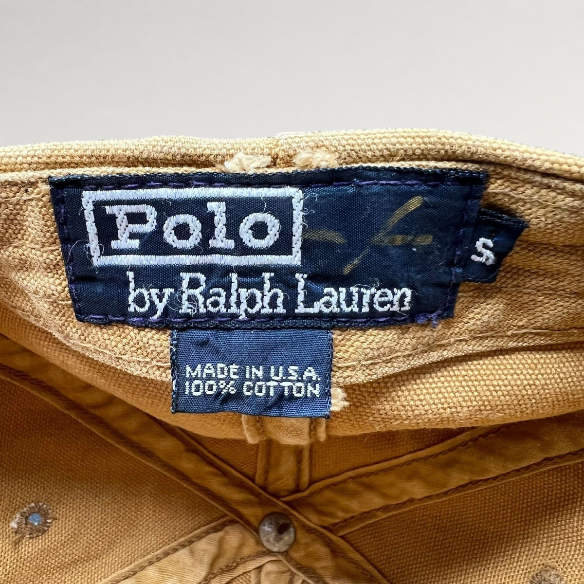 Raree Finds vintage Polo Ralph Lauren Sportsman hat interior label showing Made in USA and 100% cotton construction