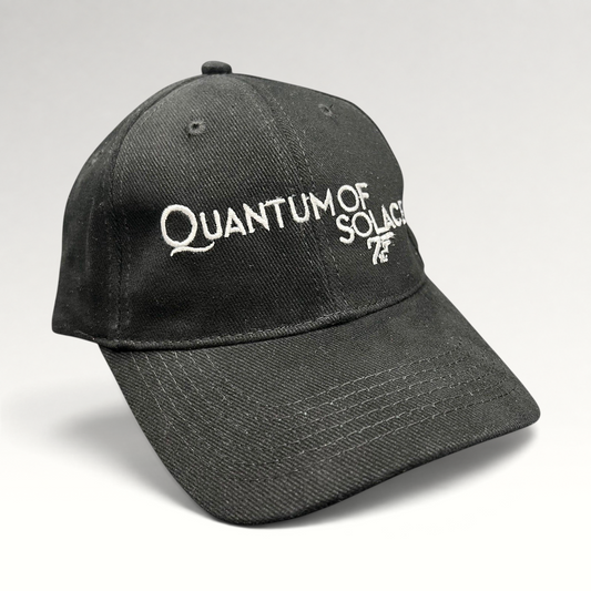 Raree Finds black Quantum of Solace 007 promotional strapback hat with white embroidered movie title and gun logo