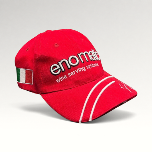 Raree Finds red Enomatic Ferrari racing cap with white embroidery, Italian flag patch, and curved brim detail.