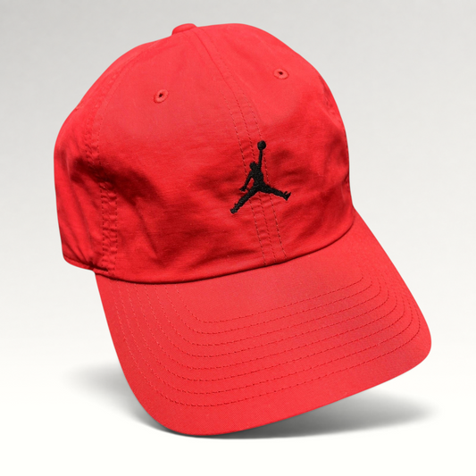 Raree Finds red Nike Air Jordan club cap with a black embroidered Jumpman logo and an adjustable strapback closure.
