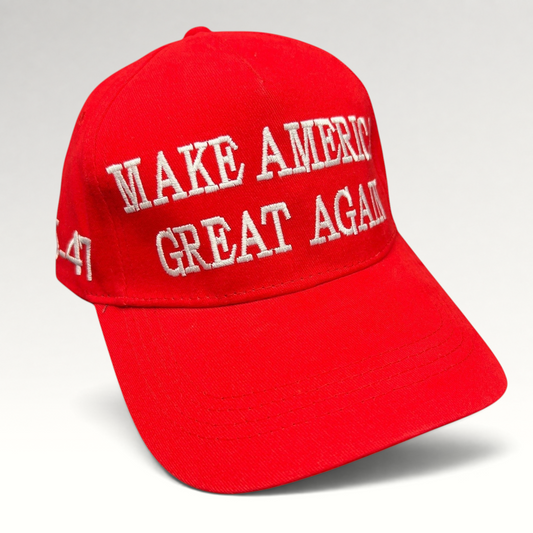 Raree Finds red Make America Great Again baseball cap with white embroidered text and curved brim