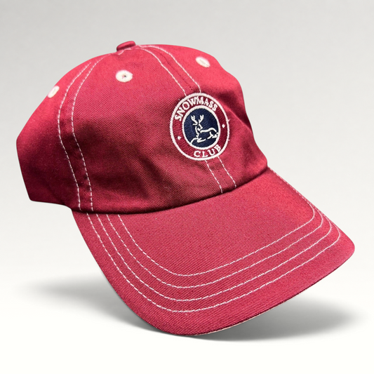 Raree Finds red Imperial strapback hat with white contrast stitching and Snowmass Club deer crest embroidery