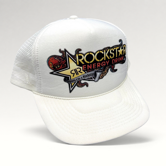 Raree Finds vintage white Rockstar Energy Drink trucker hat with octopus graphic, foam front, and mesh back.