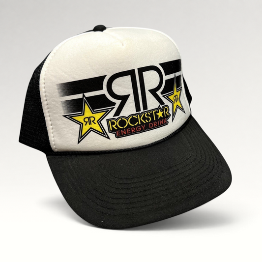 Raree Finds vintage Y2K Rockstar Energy Drink trucker hat with black and white foam front and breathable mesh back
