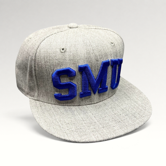 Raree Finds SMU Mustangs heather gray fitted hat with raised blue embroidered lettering and flat brim