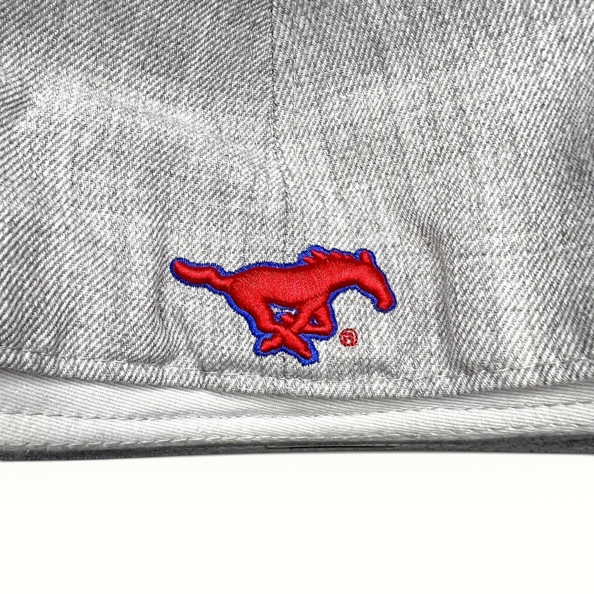 Raree Finds SMU Mustangs fitted hat featuring a red and blue embroidered horse logo on the heather gray wool blend