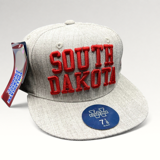 Raree Finds South Dakota fitted hat in heather gray with raised red collegiate embroidery and flat brim, new with tags.
