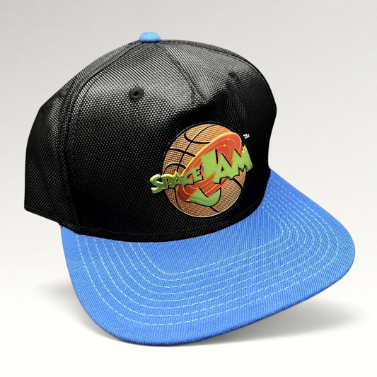Raree Finds 2016 Space Jam snapback hat with a textured black crown, bright blue flat brim, and embroidered logo.