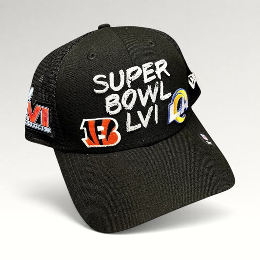Raree Finds black New Era Super Bowl LVI trucker snapback hat with Bengals and Rams team logos and mesh back panels.