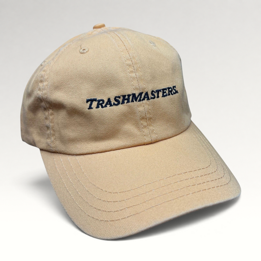 Raree Finds vintage tan cotton dad cap with Trashmasters embroidered text on the front
