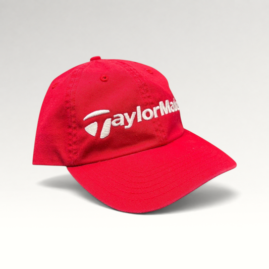 Raree Finds TaylorMade red cotton golf hat with white embroidered logo and unstructured curved brim