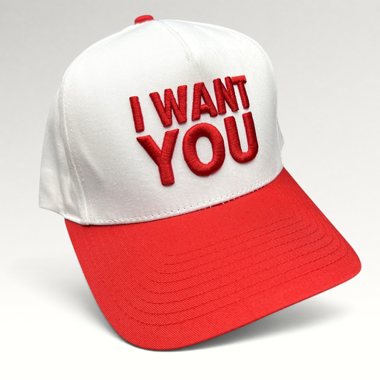 Raree Finds The Voice official red and white snapback hat with raised I WANT YOU embroidery