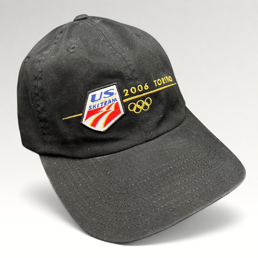 Raree Finds vintage 2006 USA Ski Team Torino Olympics black cotton strapback hat with gold embroidered logo
