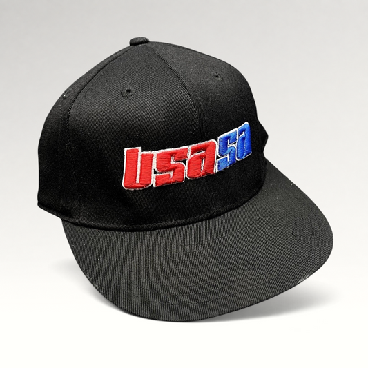 Raree Finds black Flexfit hat featuring red, white, and blue USA50 embroidery from the 2011 USASA National Championships