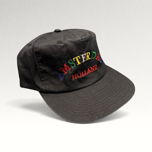 Raree Finds vintage 1990s black cotton snapback hat with colorful Amsterdam Holland rainbow embroidery