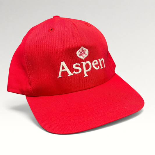 Raree Finds vintage red Aspen Snowmass snapback hat with white embroidered logo and structured cotton crown